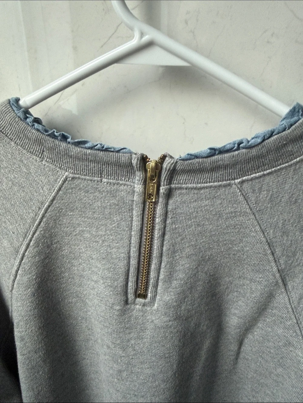 J. Crew Light Gray Crewneck Sweatshirt with Frayed Chambray Collar